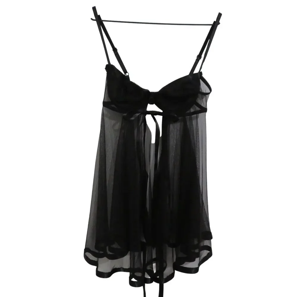 Victoria's Secret Women Sz 34B Black Vintage Y2K Sheer Open Front Flowy Nightie